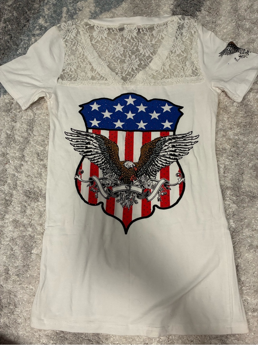 Patriotic Eagle & American Flag Lace Tee Y2K Western Biker Bling Top